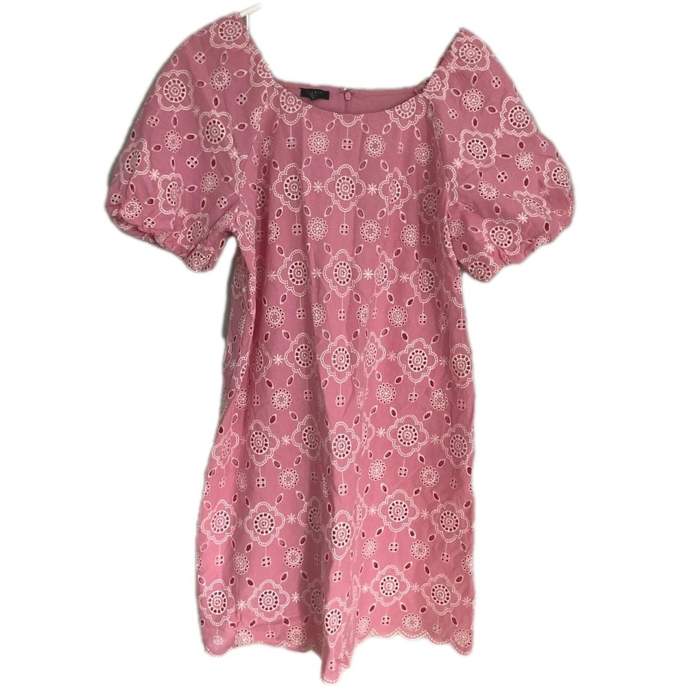 Talbots Dress Women 12P Pink Eyelet Embroid. Puff Sleeve Shift Lined Coquette